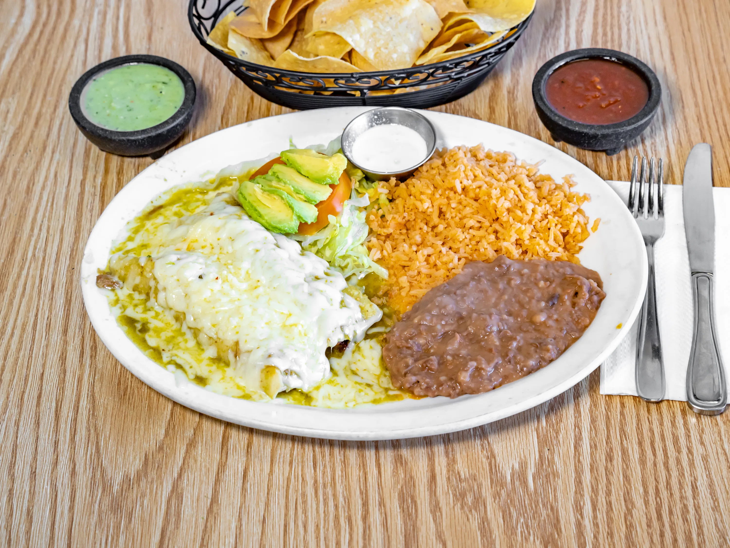 Green enchiladas plate, family dining at Taqueria Los Potrillos