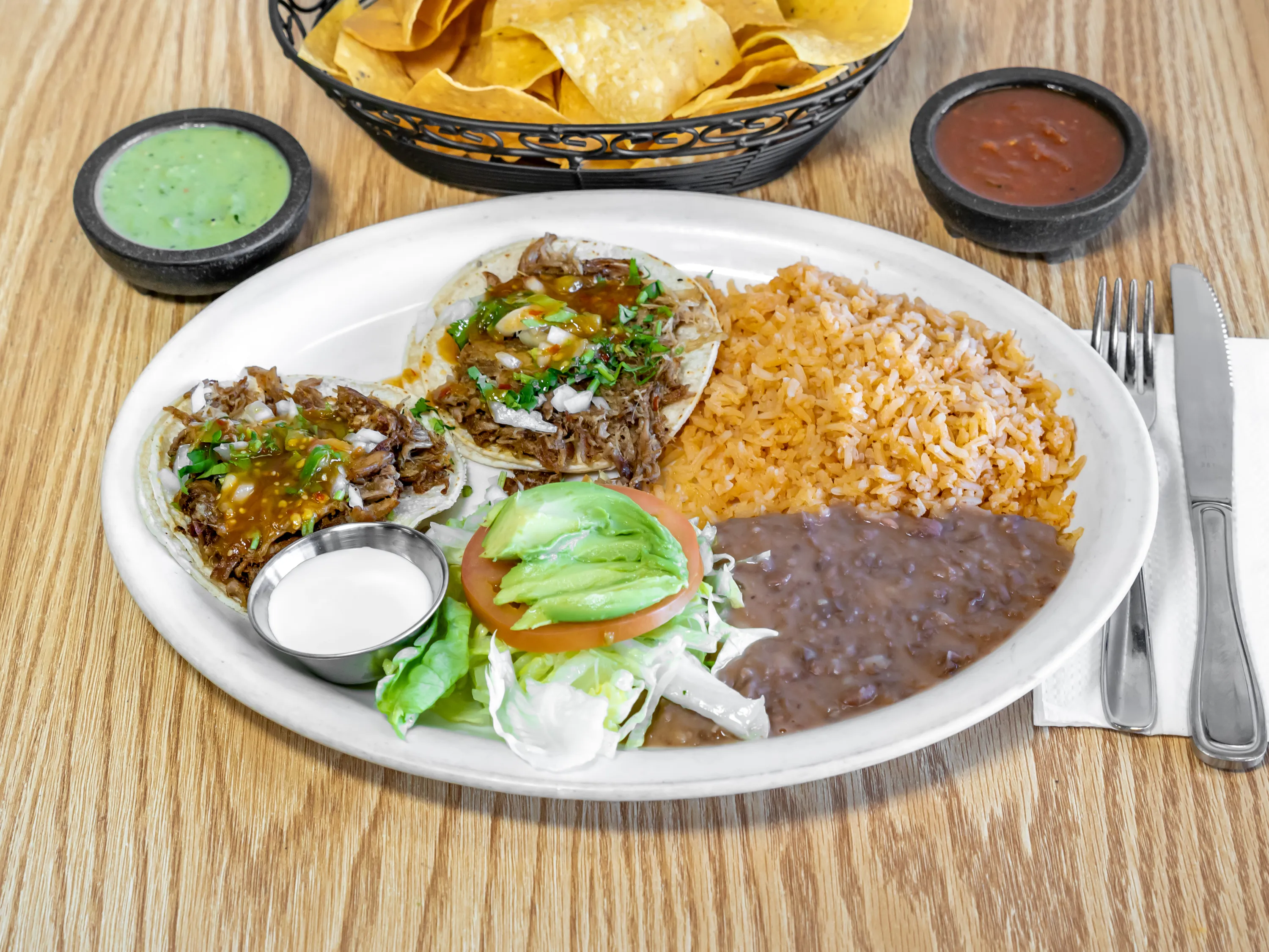 Taco plate with rice and beans at Taqueria Los Potrillos